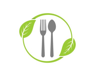 Çemberin içinde çatal ve kaşık yeşil yaprak