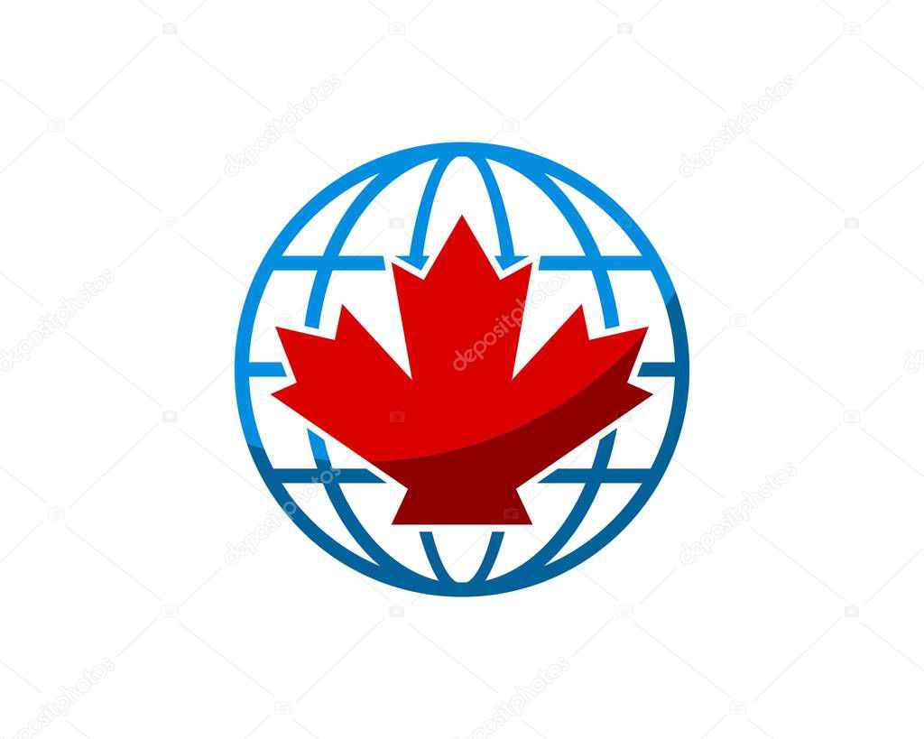 Abstract globe with red maple leaf inside