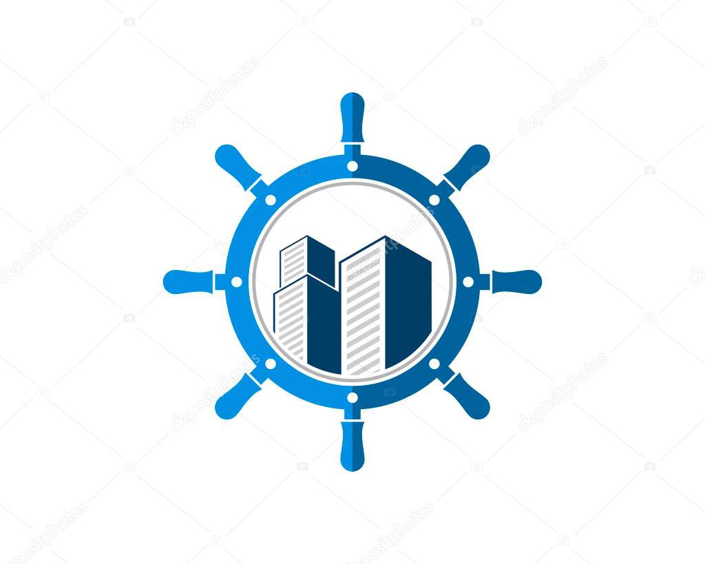 Ship steering wheel with modern building inside