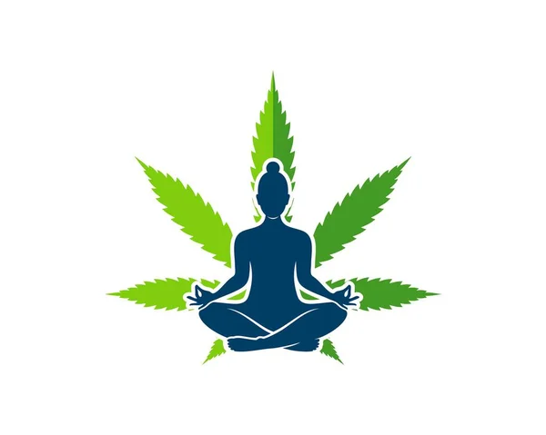 Green Cannabis Leaf Women Yoga — Stock Vector