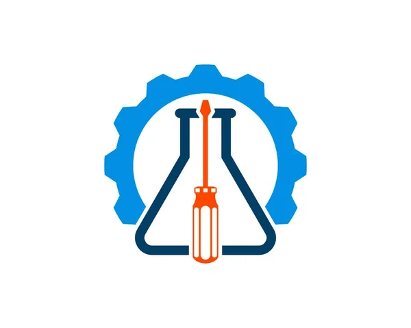 中に実験室用ボトルとドライバー付きの機械式ギア — ストックベクタ