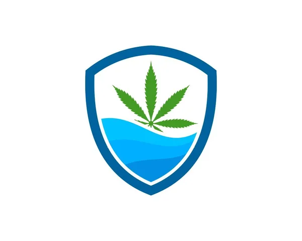 大麻の葉とビーチ波とシンプルなシールド — ストックベクタ