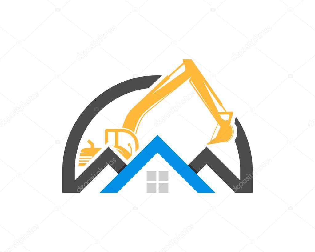 Real estate house with construction excavator behind