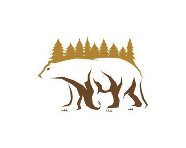 Üzerinde orman ağacı olan yürüyen ayı silueti.