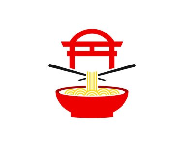 Kırmızı kase, üstünde erişte ve Çin kapısı var.