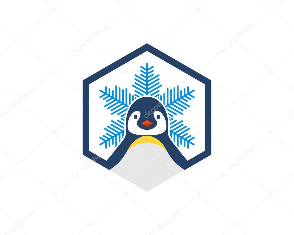 Hexagonal shape with cute penguin and snow flower inside