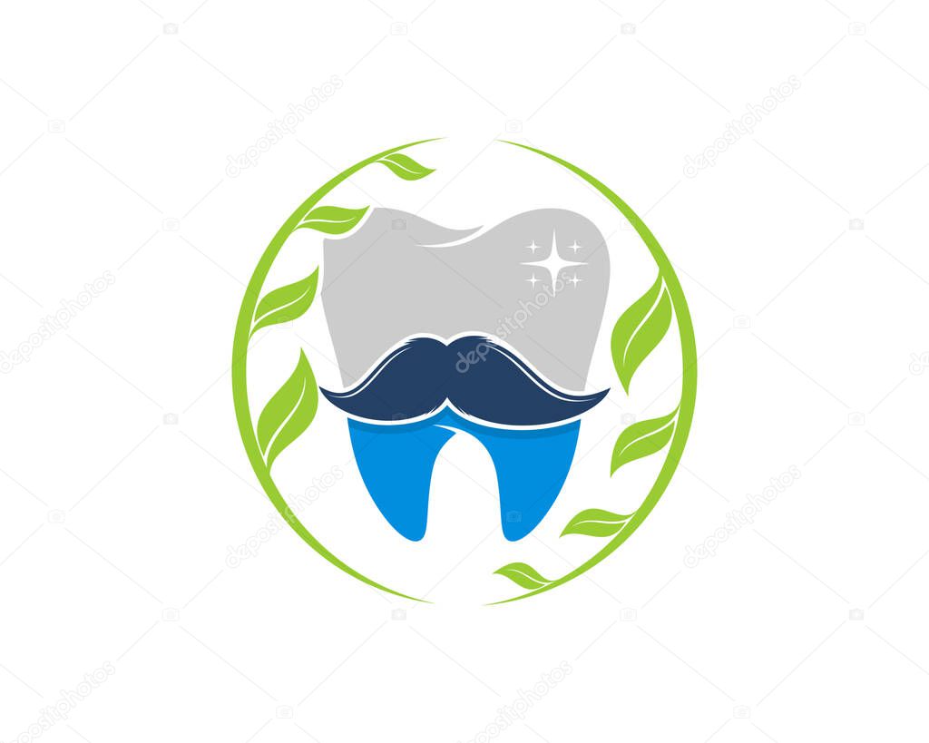 Teeth with mustache in the circle nature leaf