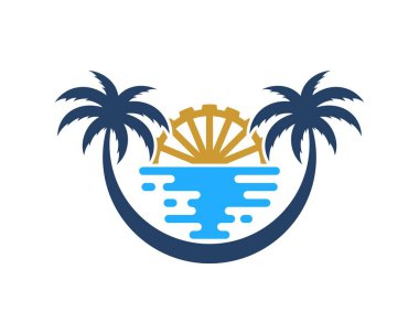 Yuvarlak palmiye ağacının tepesinde soyut deniz ve su değirmeni var.