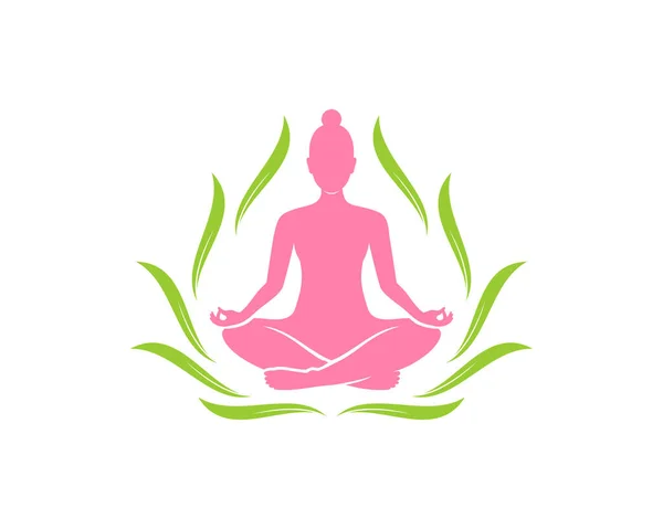 Meditación Mujer Yoga Hoja Naturaleza — Vector de stock
