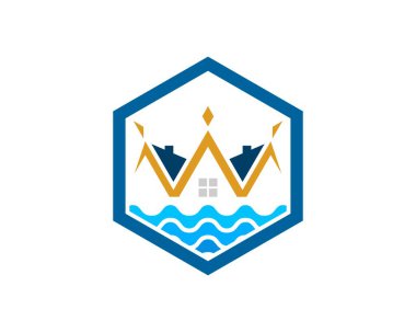 Taçlı ev ve sahil dalgalı altıgen şekil