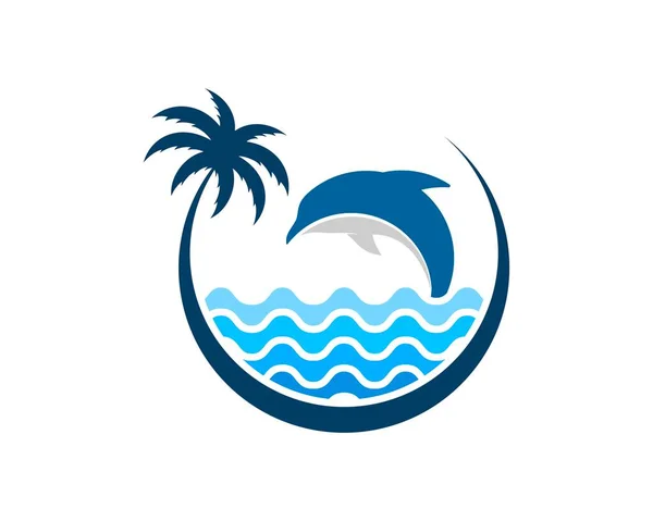 圆形棕榈树 有抽象的海滩波浪和跳跃的海豚 — 图库矢量图片