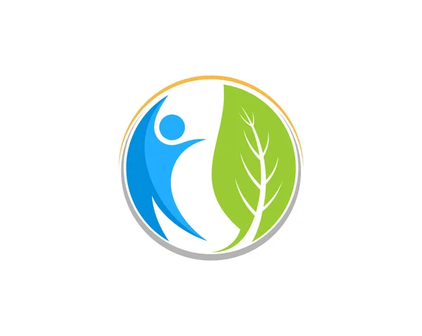 Swoosh Personas Con Hoja Naturaleza Logotipo Del Círculo — Vector de stock