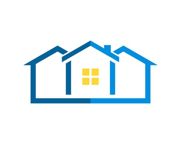 Three simple house in blue colors and yellow window