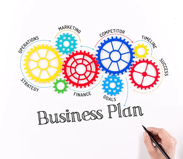 Tandwielen en mechanismen met tekst businessplan — Stockfoto