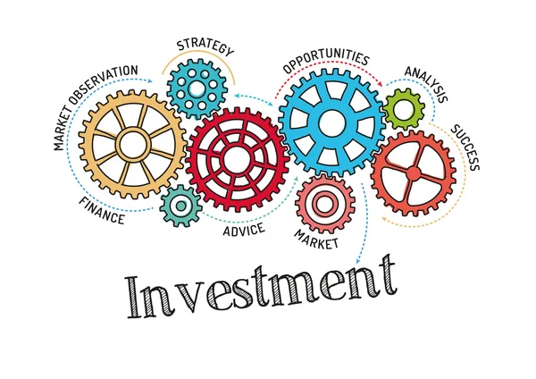 Engrenagens e mecanismos com investimento em texto — Vetor de Stock