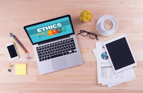 Laptop with ethics text on screen — Stock Photo, Image