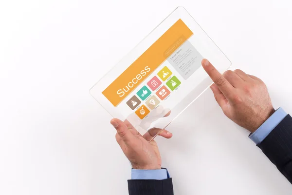 Empresário segurando tablet pc transparente — Fotografia de Stock