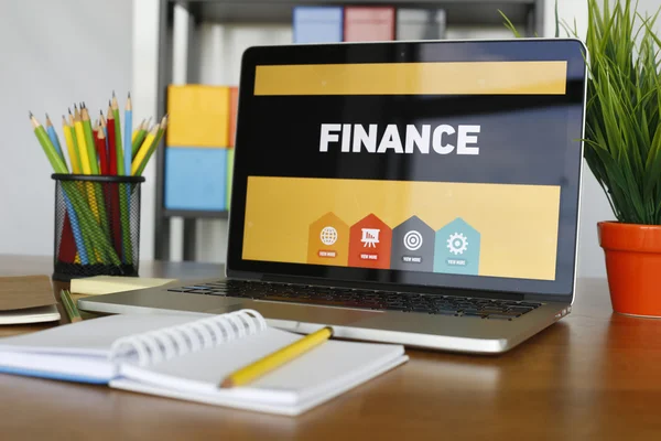 Finance  text on laptop — Stock Photo, Image