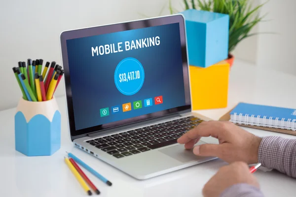 Laptop with mobile banking — Stock Photo, Image