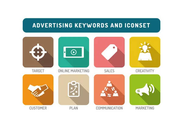 Palavras-chave e conjunto de ícones planos —  Vetores de Stock