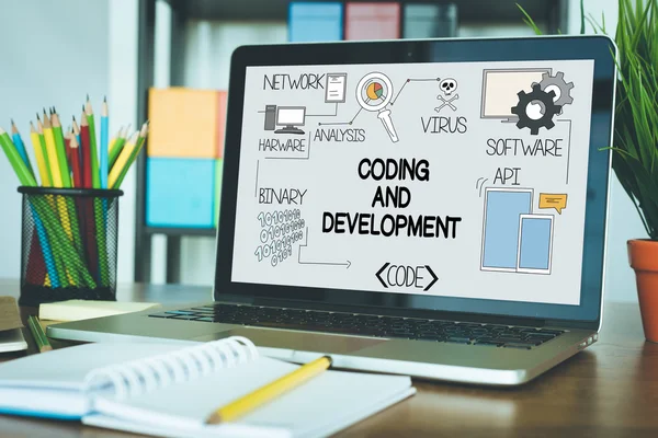 CODING AND DEVELOPMENT Konsep pada Layar — Stok Foto