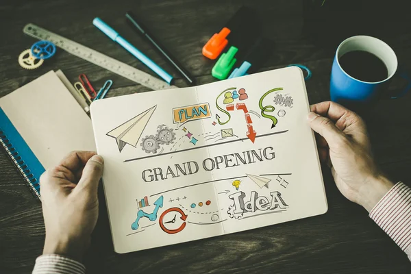 GRAND OPENING sketch on notebook — Stock Photo, Image