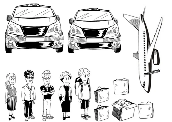 Illustration of people, taxi, plane