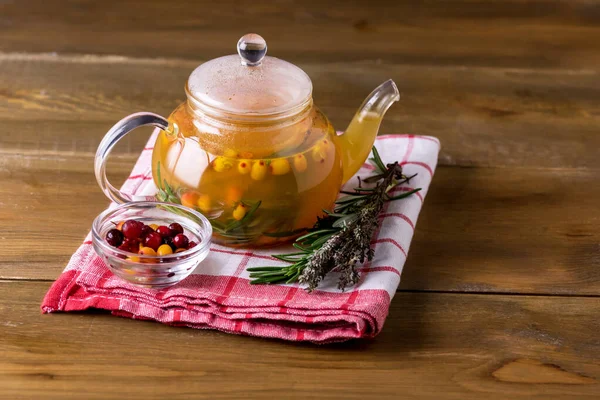 Tasty Hot Tea Berries Sea Buckthorn Fresh Rosemary Cozy Hot — Stock Photo, Image