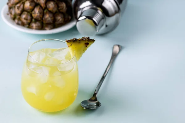 Pineapple Cocktail Juice Two Glass Bottles Straws Ice Two Mini — Stock Photo, Image