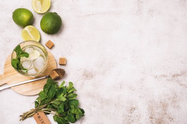 Buzlu Mojitos Gass yapmak için gereken malzemeler taze naneli şeker ve olgun limonlu kokteyl karıştırıcıyı beton arka planda bırakır.