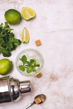 Buz Küpü Taze Nane Şekeri ile Mojitos Gass Yapımının İçindekiler Şeker ve Olgun Limonlu Kokteyl Sallayıcıyı Beton Arkaplan Üst Görünümü Dikey