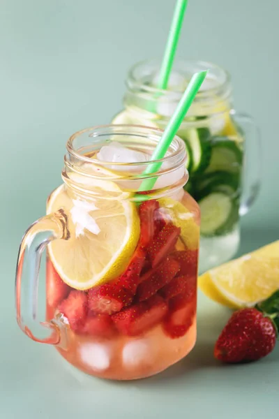 Variety Cold Summer Drinks Glass Jars Infused Detox Water Cucumber — Stok Foto