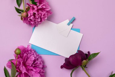 Pembe ve kırmızı şakayık çiçekleri ve ataçlı beyaz boş yatıyordu. Üst görünümü düzenle.