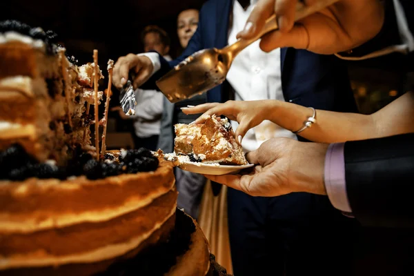 Processo de corte de bolo de casamento — Fotografia de Stock