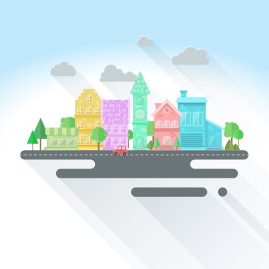 Renk cityscape binalar, ağaçlar, kilise ve gölge düz stil içine bulutlar