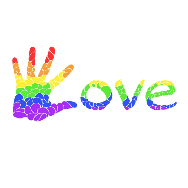 Inscripción Amor con bandera LGBT coloreada a mano hecha al estilo de gotas — Vector de stock