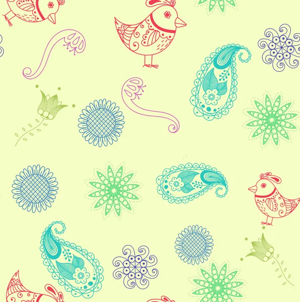 Seamless pattern with hand-drawn colored ornament with birds and flowers on a yellow background — Stock Vector