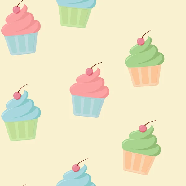 Nahtloses Muster mit farbigem Cupcake mit kirschgelbem Hintergrund im flachen Stil — Stockvektor