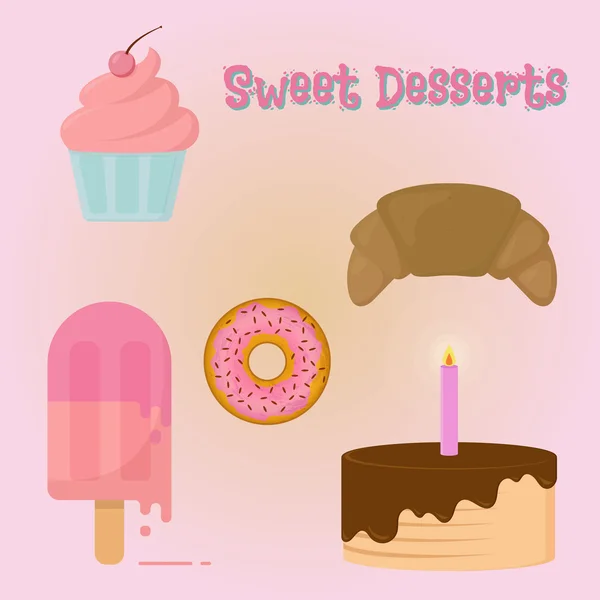 Süßigkeiten im flachen Stil. Kuchen, Eis, Kuchen, Donuts und Croissant auf rosa Hintergrund mit der Aufschrift süße Desserts — Stockvektor