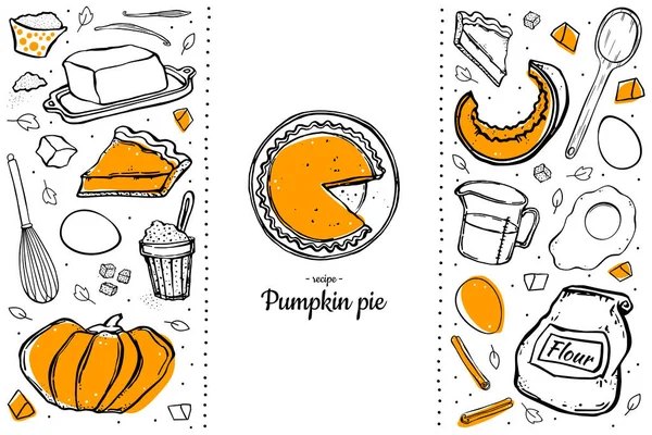 Set Hand Drawn Pumpkin Pie Ingredients Cooking White Background — Stock Vector