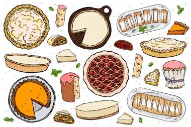 Beyaz arka planda izole edilmiş çeşitli turta ve dilimler.