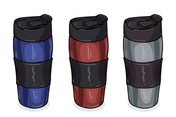 Um conjunto de copos térmicos de várias cores. garrafa térmica universal para bebidas quentes. Consumo ecológico. Isolado em fundo branco. Estilo doodle. —  Vetores de Stock