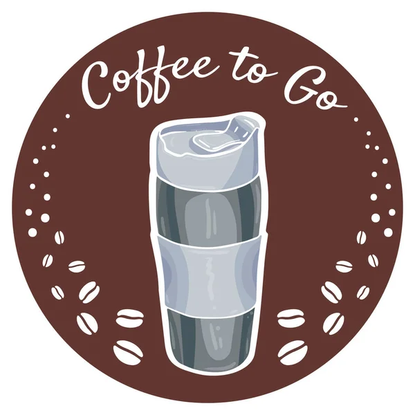 Ein Plakat mit einem Thermobecher und einem Aufruf zum Coffee to go. Nettes Design für die Ankündigung. Komposition im Kreis. — Stockvektor