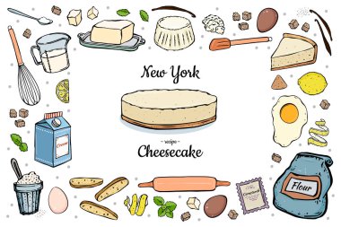 Cheesecake ve malzemeleri beyaz arkaplanda bir çerçeve şeklinde pişirmek için ayarla