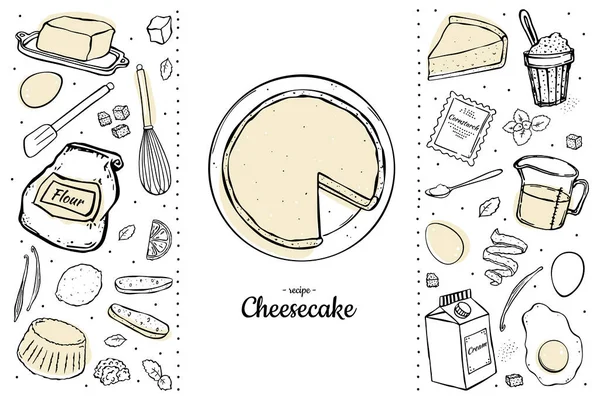 Two Colour Set Cheesecake Ingredients Black Outline White Background — Stock Vector