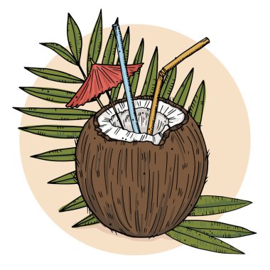 Yarım hindistan cevizi karışımı, pipetli ve tropik yapraklı bir şemsiyeli. Karalama biçiminde renkli resim.