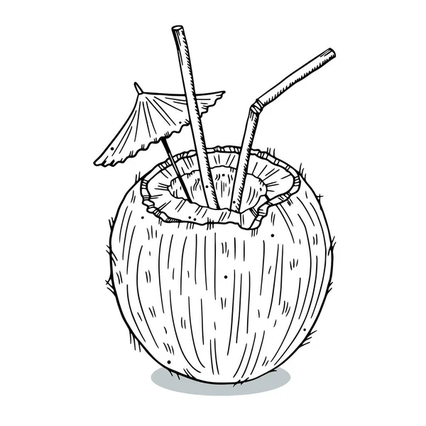 Illustrazione Impronta Una Noce Cocco Con Cannucce Ombrello Stile Doodle — Vettoriale Stock