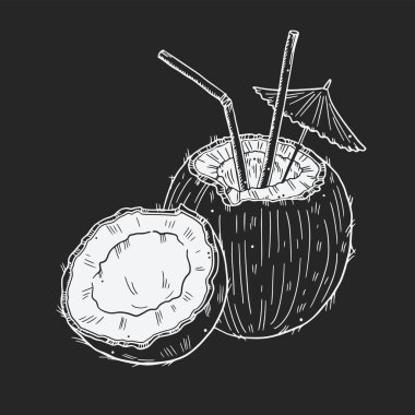 Illustration of a coconut with a straw, umbrella and half of the coconut beside. White outline on a dark background. Doodle chalk drawing style.