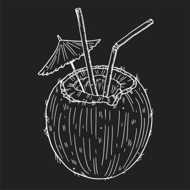 Illustration cocktail in half a coconut, with straws and an umbrella on a background of tropical leaves. White chalk image in doodle style.