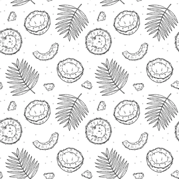 Seamless Pattern Coconut Palm Leaves Pieces Coconut White Background Doodle — Stock vektor